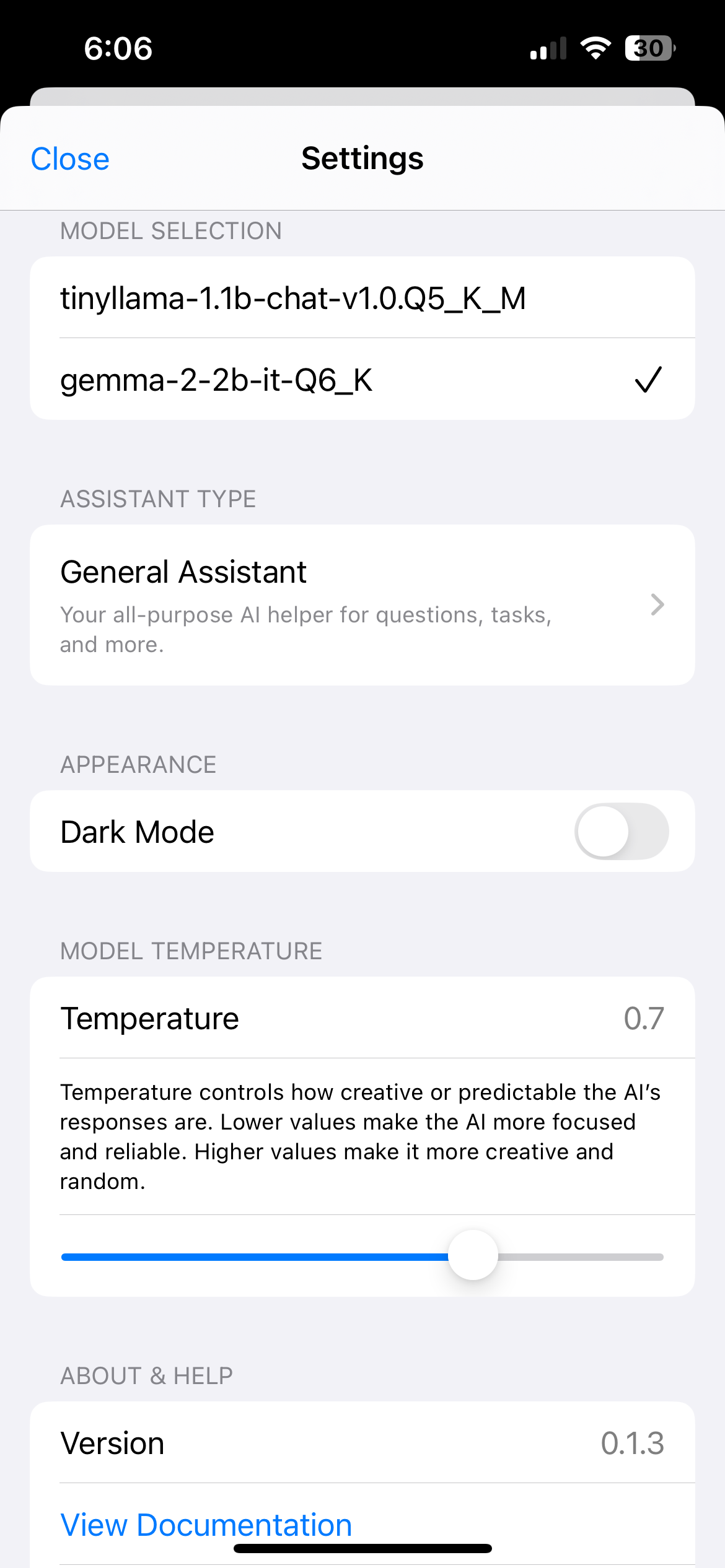 Settings screen with model selection