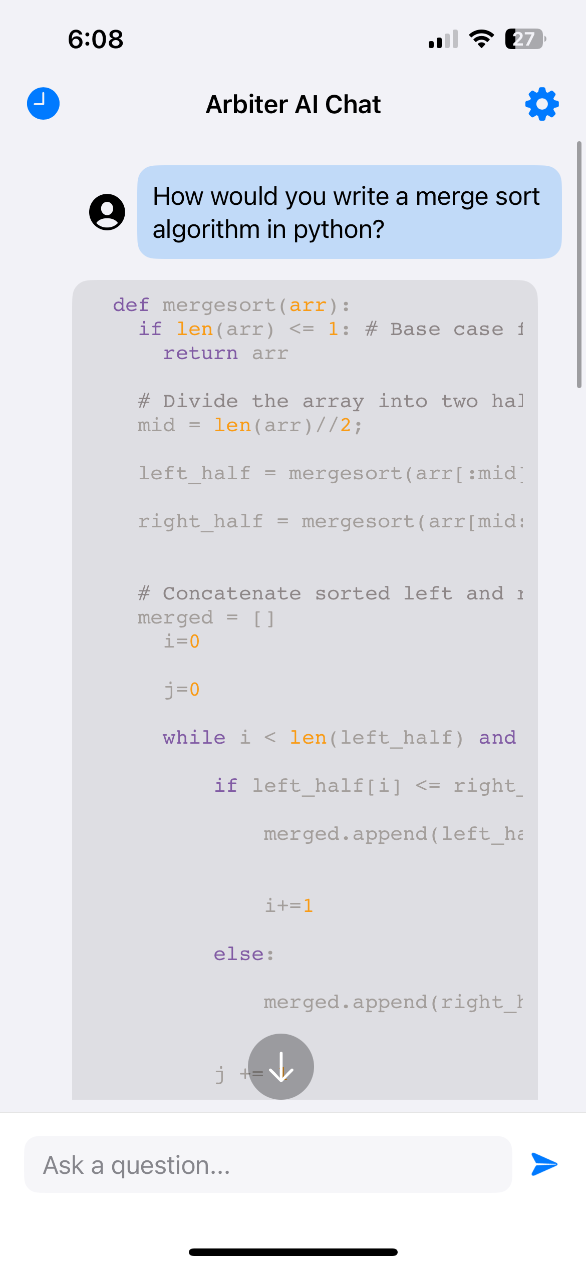 Code generation showing merge sort algorithm
